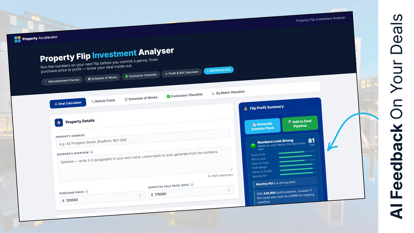 AI Deal Verdict scoring a property deal with risk analysis and recommendations