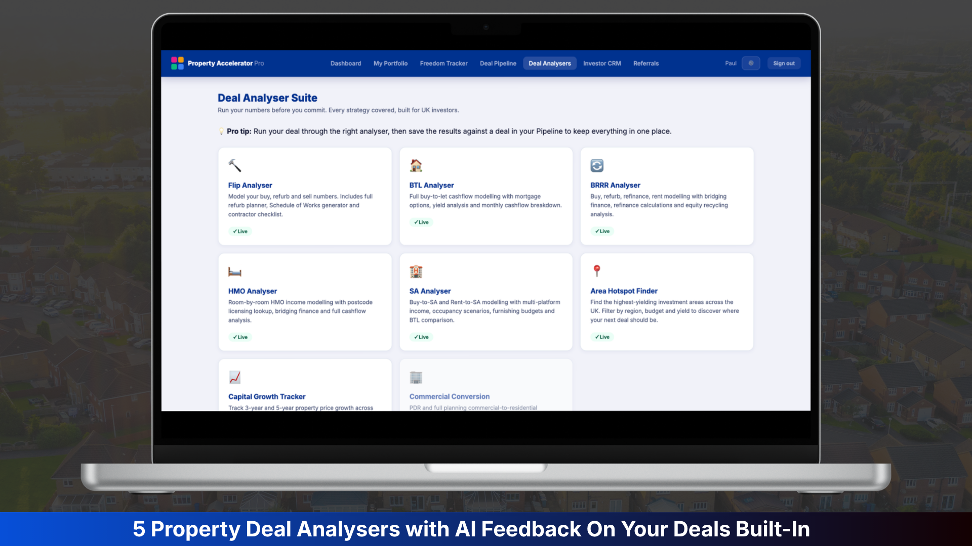 Property Accelerator Pro Deal Analysers showing BTL, BRRR, HMO, SA and Flip strategies
