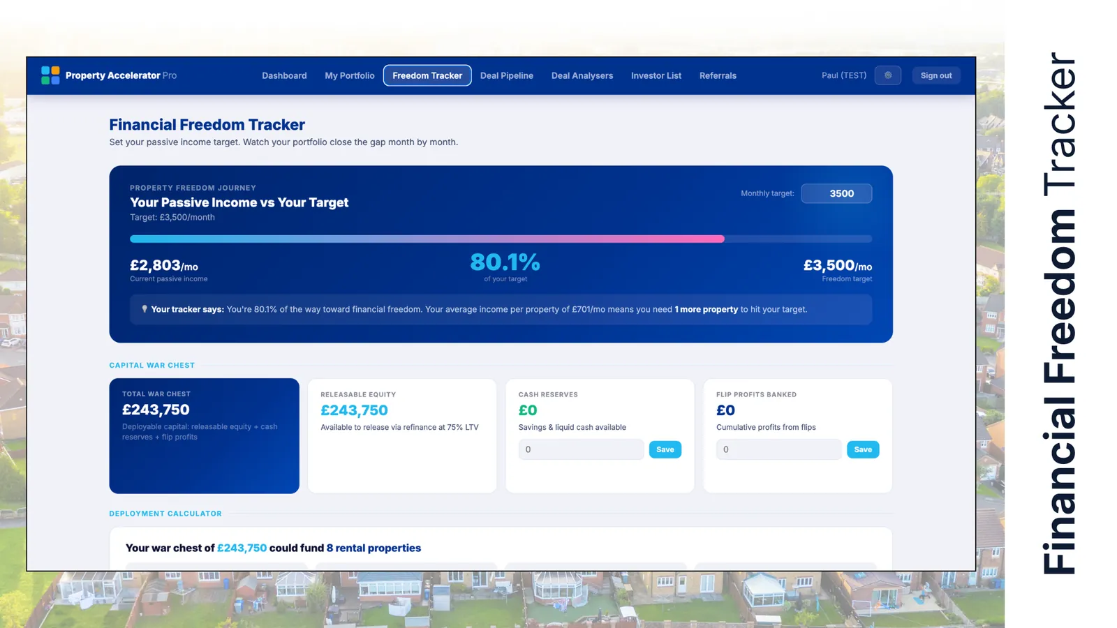 Financial Freedom Tracker showing target income and properties needed