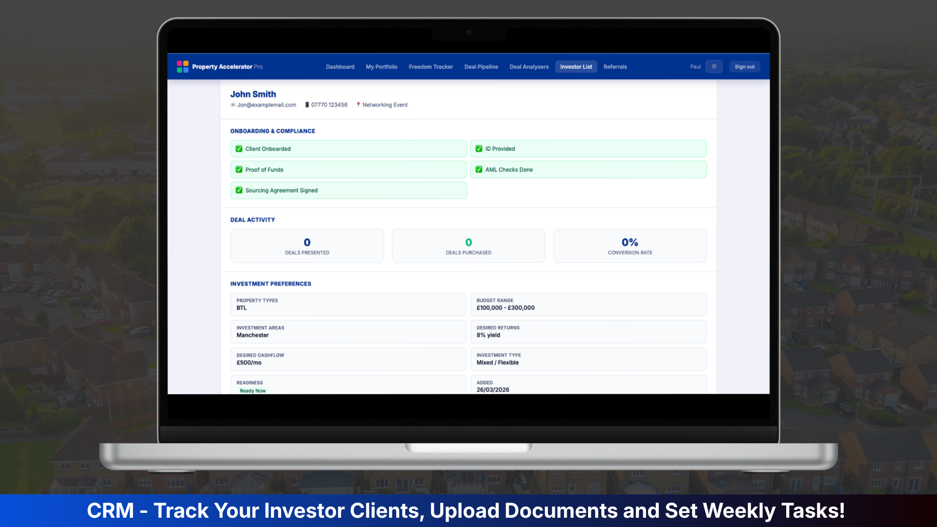Deal pipeline, investor list and compliance tracking in one view
