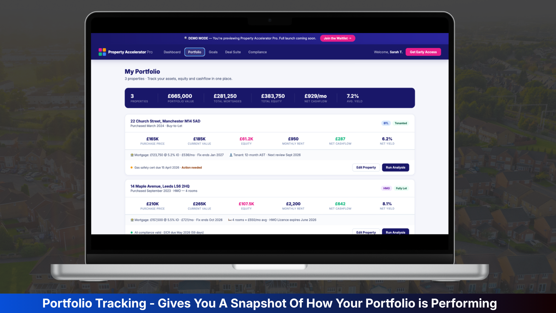 Portfolio dashboard showing property values, cashflow and equity at a glance
