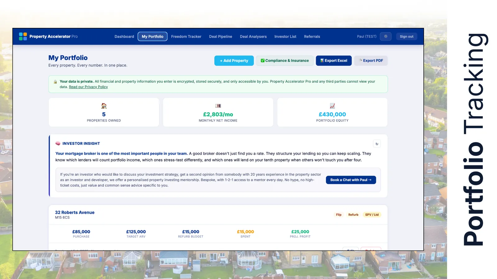 Portfolio dashboard showing property values, cashflow and equity at a glance